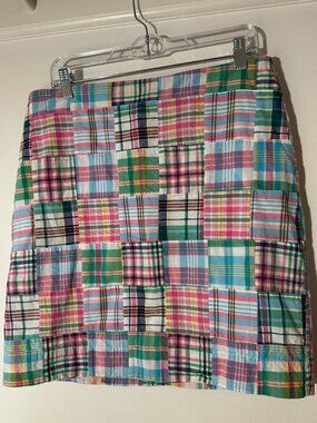 Talbots Patchwork Madras Plaid Skirt Pink Blue Green Cotton Preppy Size 12
